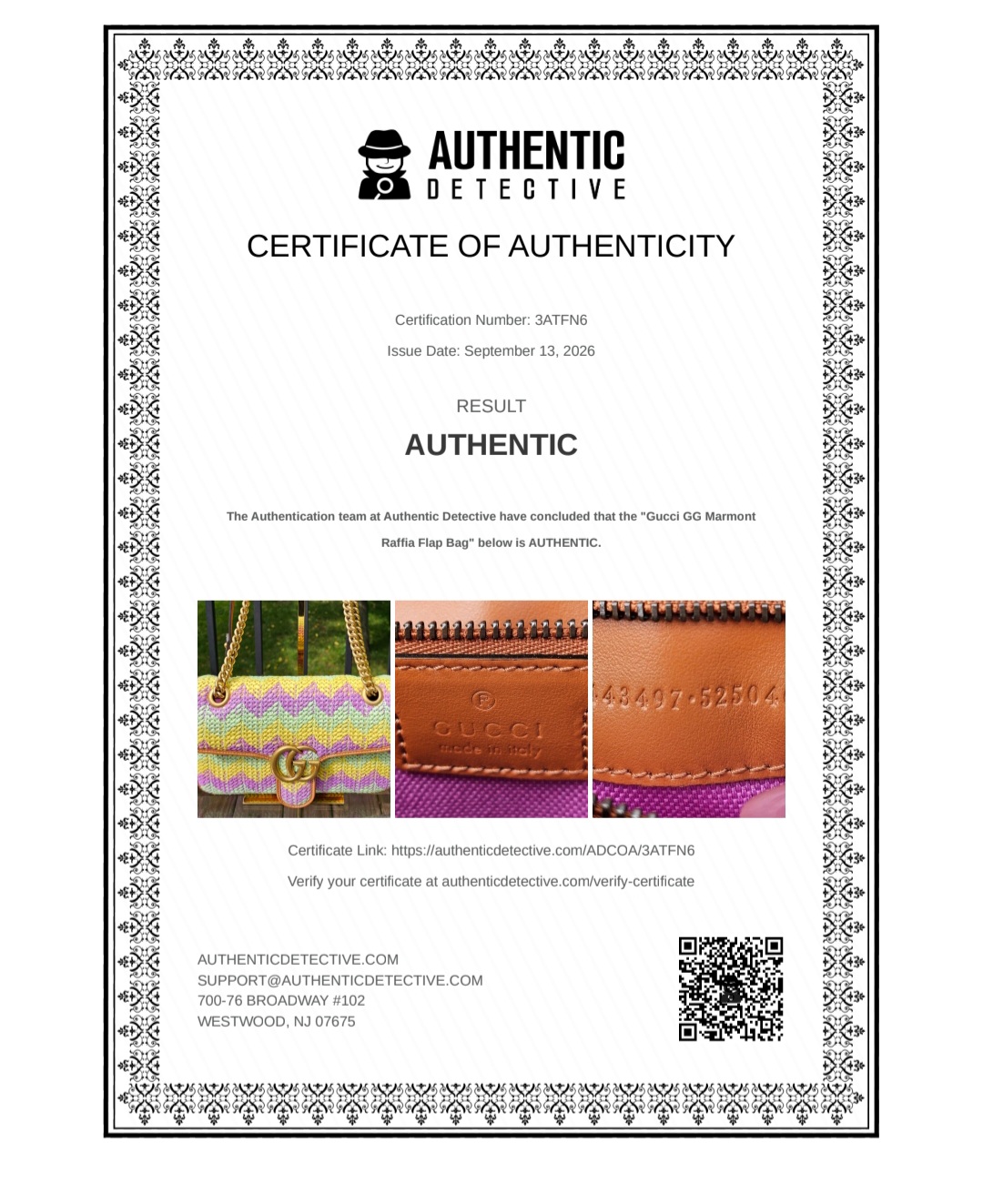 Authentic Detective certificate of authenticity for the Gucci GG Marmont raffia flap bag
