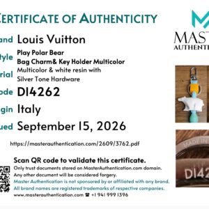 Master Authentication certificate listing Louis Vuitton Play Polar Bear Bag Charm and Key Holder, multicolor resin with silver-tone hardware, made in Italy