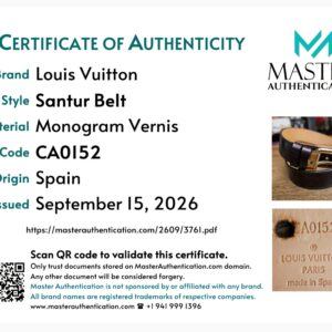 Master Authentication certificate listing Louis Vuitton Santur Belt in Monogram Vernis, code CA0152, made in Spain