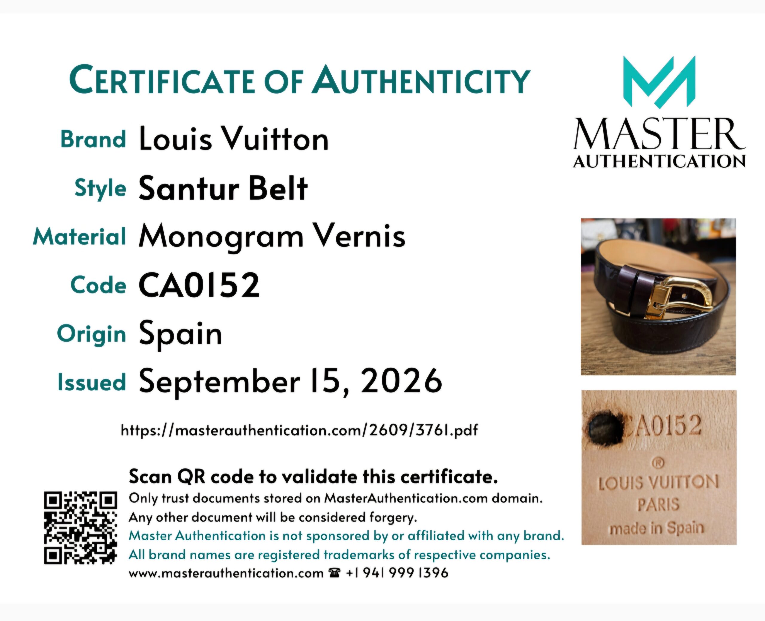 Master Authentication certificate listing Louis Vuitton Santur Belt in Monogram Vernis, code CA0152, made in Spain