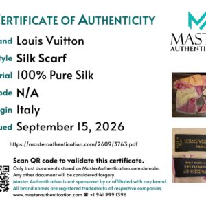 Master Authentication certificate listing Louis Vuitton Silk Scarf, 100% pure silk, made in Italy