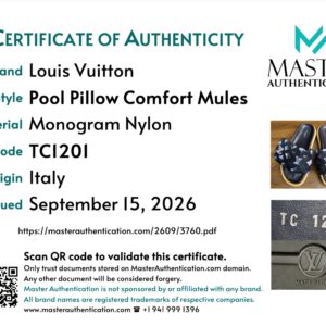 Master Authentication certificate listing Louis Vuitton Pool Pillow Comfort Mules in Monogram Nylon, code TC1201, made in Italy