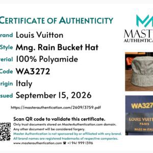 Master Authentication certificate listing Louis Vuitton Monogram Rain Bucket Hat, 100% polyamide, code WA3272, made in Italy
