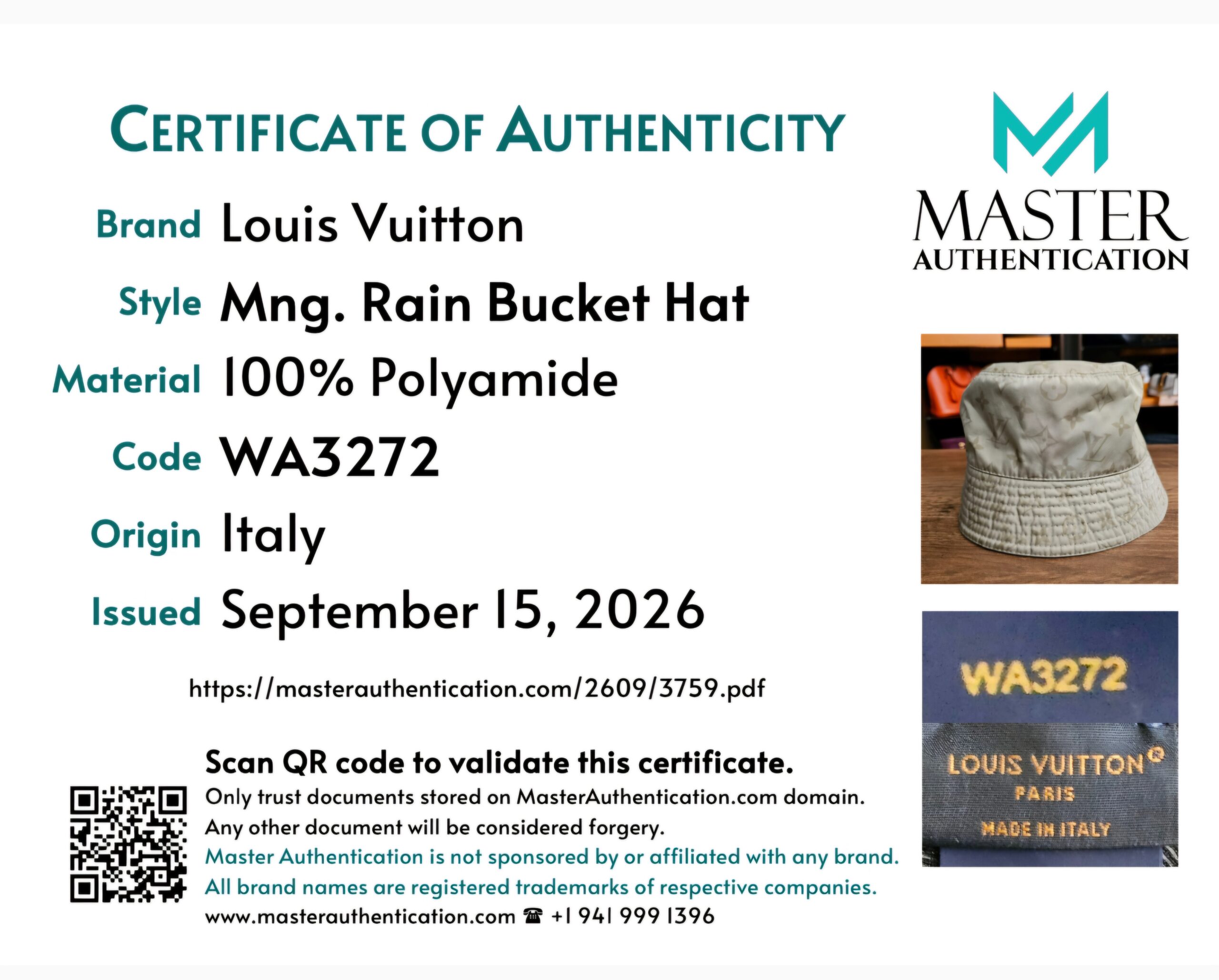 Master Authentication certificate listing Louis Vuitton Monogram Rain Bucket Hat, 100% polyamide, code WA3272, made in Italy