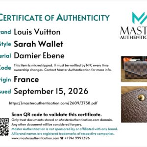Master Authentication certificate listing Louis Vuitton Sarah Wallet in Damier Ebene, made in France, microchipped