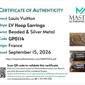 Master Authentication certificate listing Louis Vuitton LV Hoop Earrings, beaded and silver metal, code GP0114, made in France