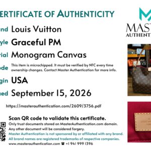Master Authentication certificate listing Louis Vuitton Graceful PM in Monogram Canvas, made in USA, microchipped