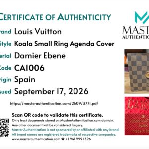 Master Authentication certificate listing Louis Vuitton Koala Small Ring Agenda Cover in Damier Ebene, code CA1006, made in Spain