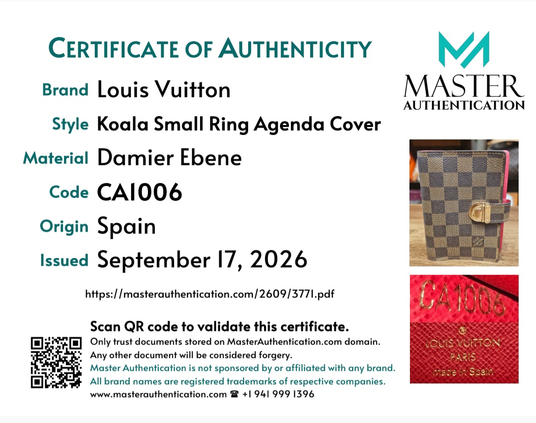 Master Authentication certificate listing Louis Vuitton Koala Small Ring Agenda Cover in Damier Ebene, code CA1006, made in Spain