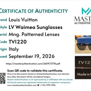 Master Authentication certificate listing Louis Vuitton LV Waimea Sunglasses with Monogram patterned lenses, code TV1220, made in Italy