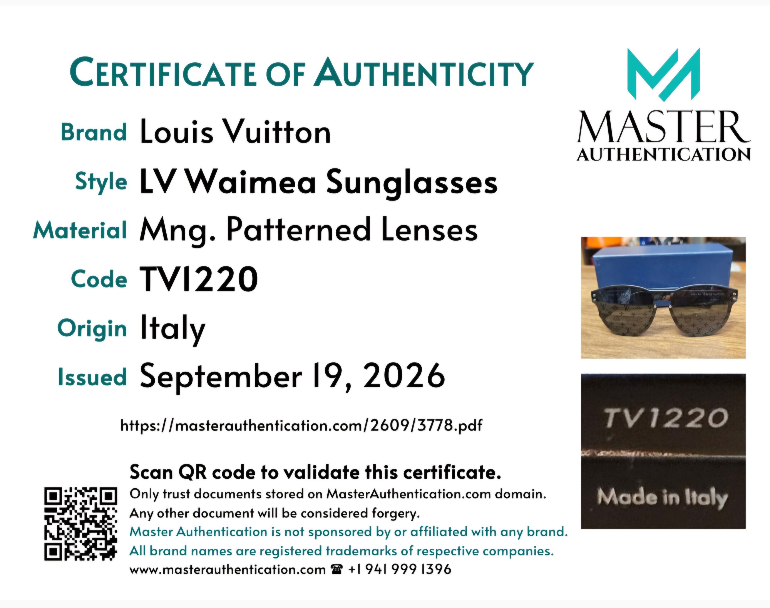 Master Authentication certificate listing Louis Vuitton LV Waimea Sunglasses with Monogram patterned lenses, code TV1220, made in Italy