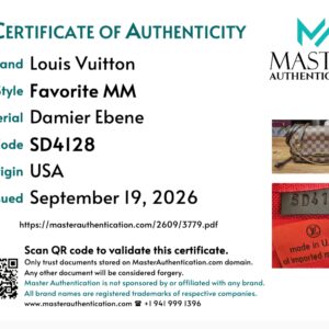 Master Authentication certificate listing Louis Vuitton Favorite MM in Damier Ebene, code SD4128, made in USA