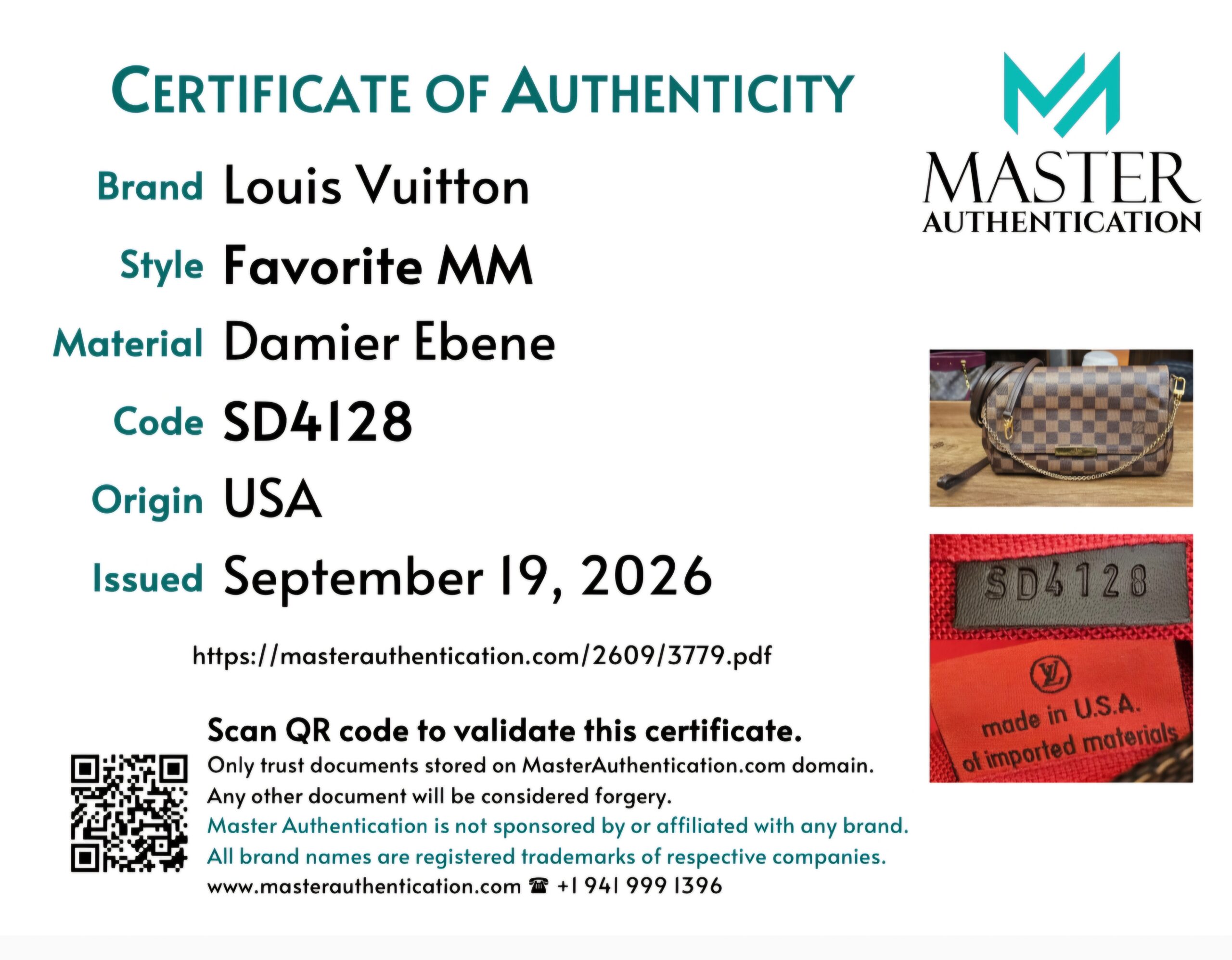 Master Authentication certificate listing Louis Vuitton Favorite MM in Damier Ebene, code SD4128, made in USA