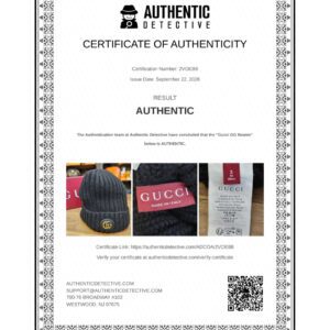 Authentic Detective certificate of authenticity for the Gucci black knit beanie