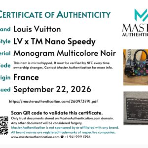Master Authentication certificate of authenticity for the LV x TM Nano Speedy in Monogram Multicolore Noir