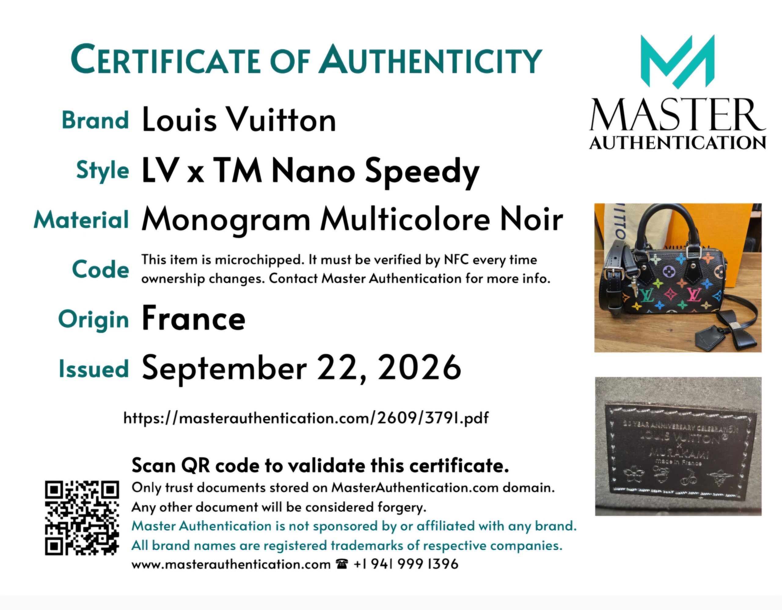 Master Authentication certificate of authenticity for the LV x TM Nano Speedy in Monogram Multicolore Noir