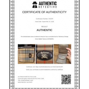 Authentic Detective certificate of authenticity for the Burberrys vintage check wallet, certification number C9C2FI