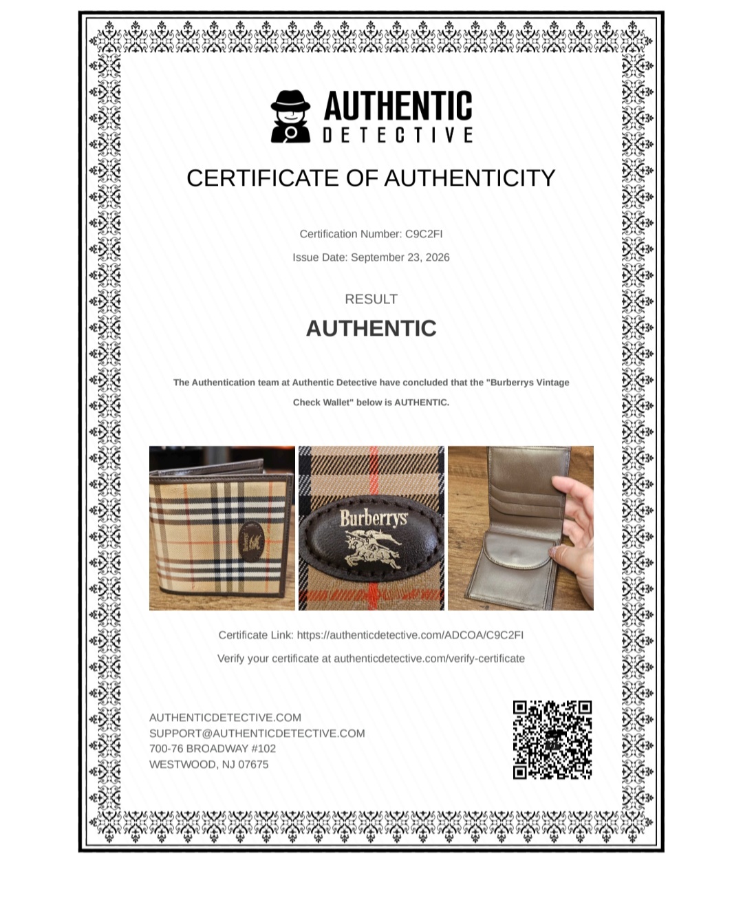 Authentic Detective certificate of authenticity for the Burberrys vintage check wallet, certification number C9C2FI