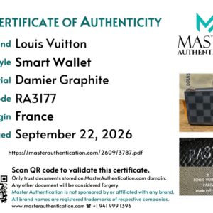 Master Authentication certificate of authenticity for the Louis Vuitton Damier Graphite Smart Wallet, code RA3177