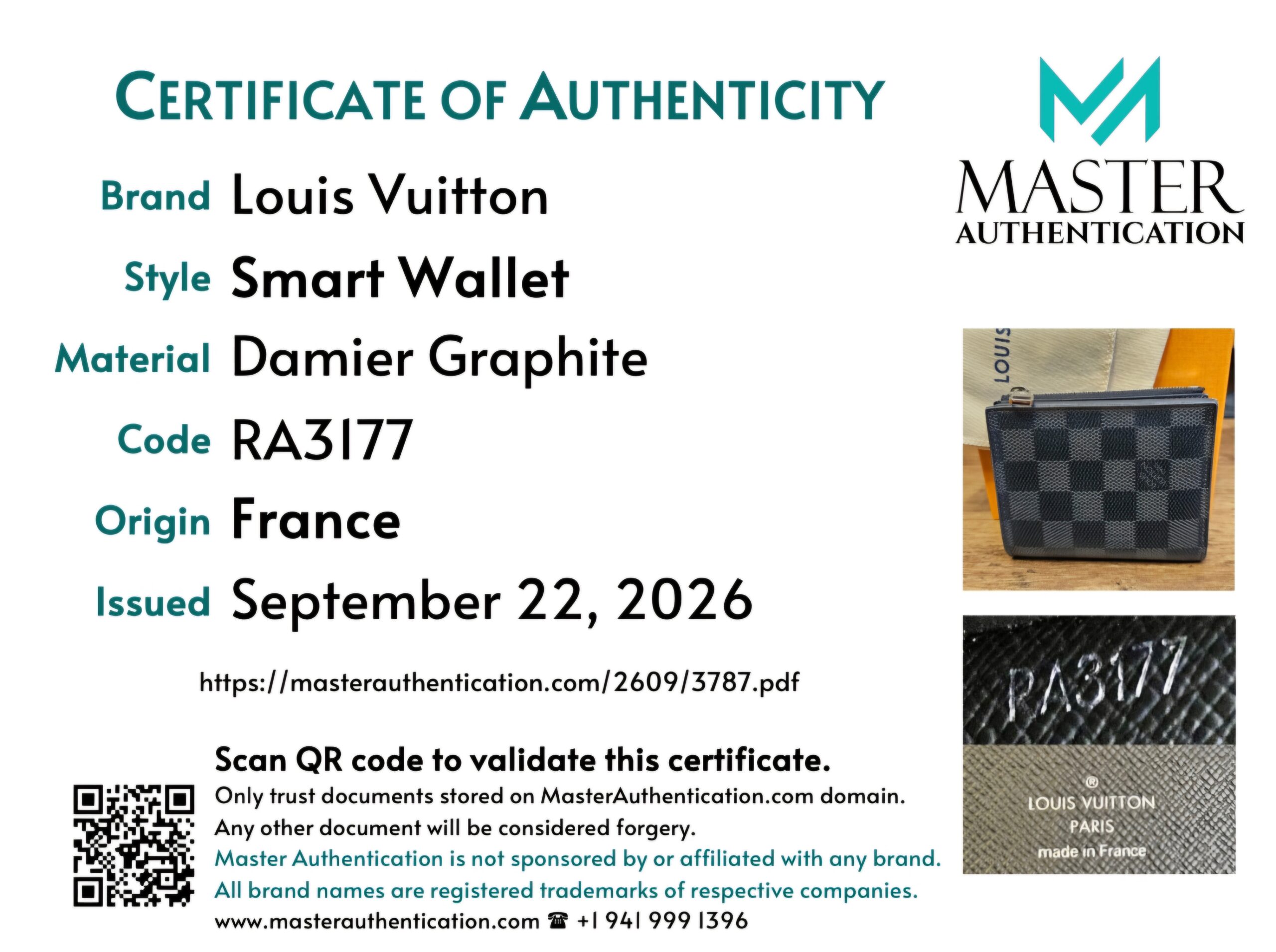 Master Authentication certificate of authenticity for the Louis Vuitton Damier Graphite Smart Wallet, code RA3177