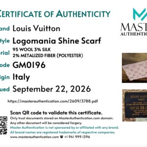 Master Authentication certificate of authenticity for the Louis Vuitton Logomania Shine scarf, code GM0196