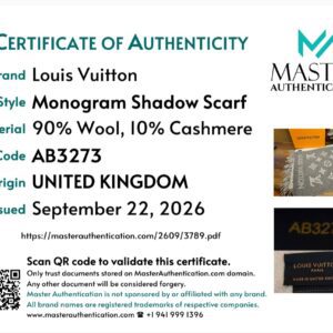 Master Authentication certificate of authenticity for the Louis Vuitton Monogram Shadow scarf, code AB3273