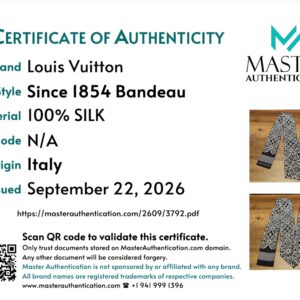 Master Authentication certificate of authenticity for the Louis Vuitton Since 1854 bandeau, 100 percent silk, Italy