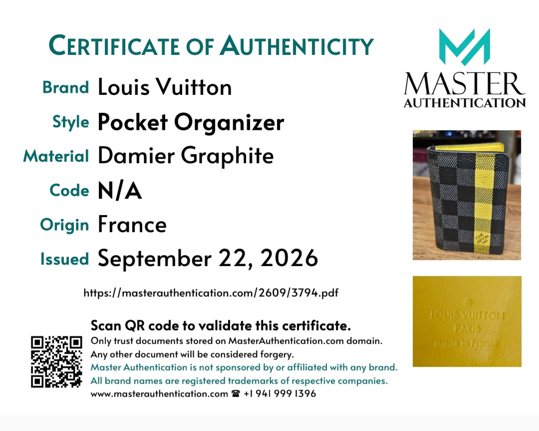 Master Authentication certificate of authenticity for the Louis Vuitton Damier Graphite pocket organizer