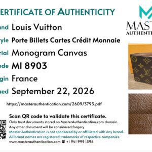 Master Authentication certificate of authenticity for the Louis Vuitton Porte Billets Cartes Credit Monnaie wallet