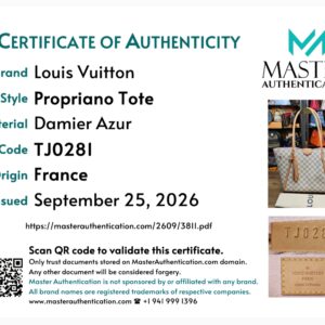 Master Authentication certificate of authenticity for the Propriano Tote