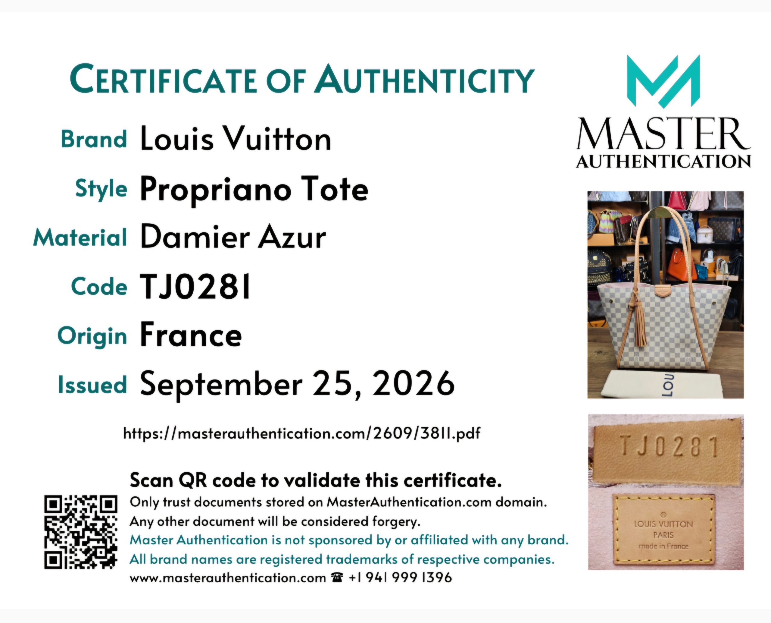Master Authentication certificate of authenticity for the Propriano Tote