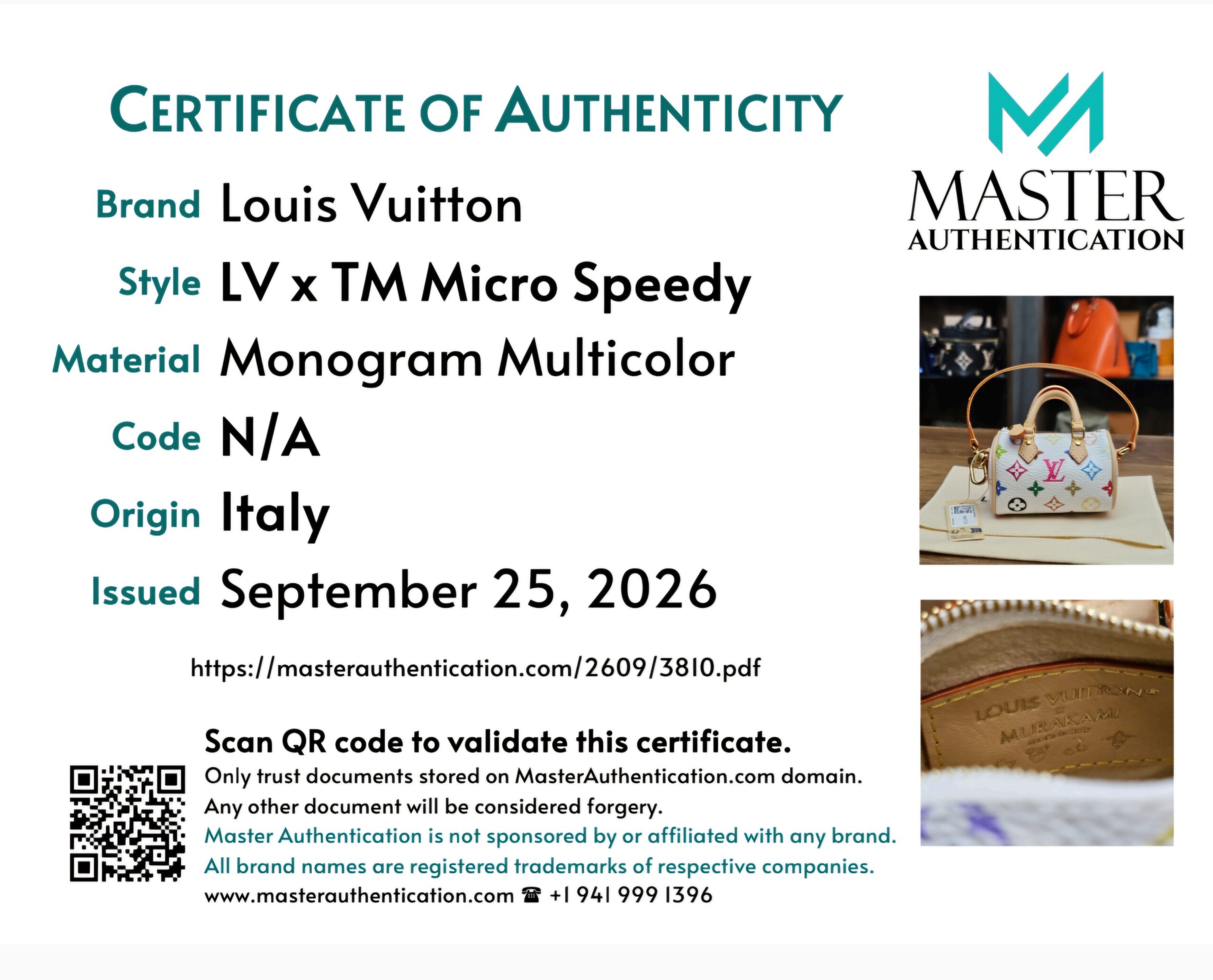 Master Authentication certificate of authenticity for the Micro Speedy