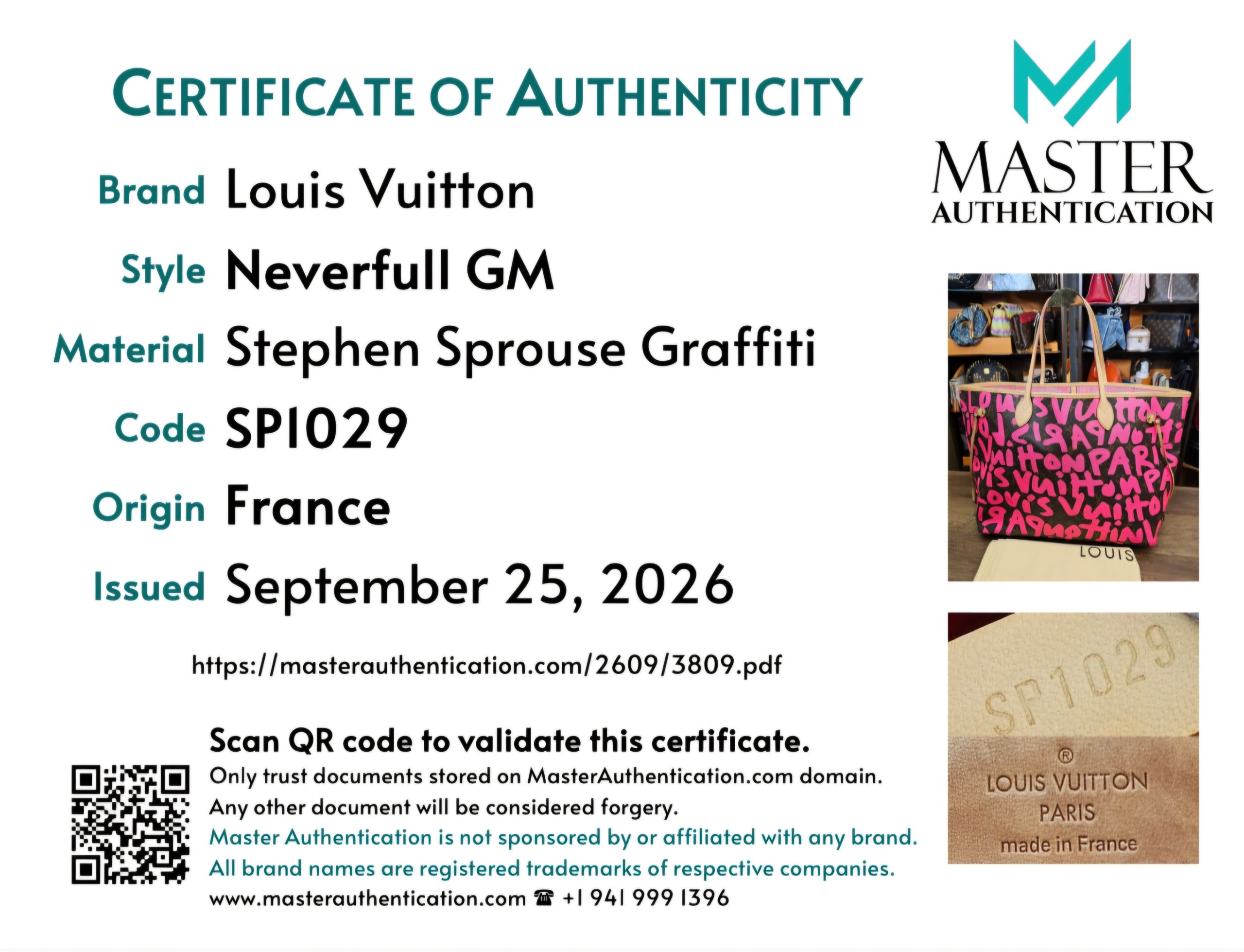Master Authentication certificate of authenticity for the Neverfull GM