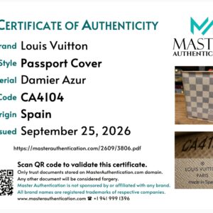 Master Authentication certificate of authenticity for the Passport Cover