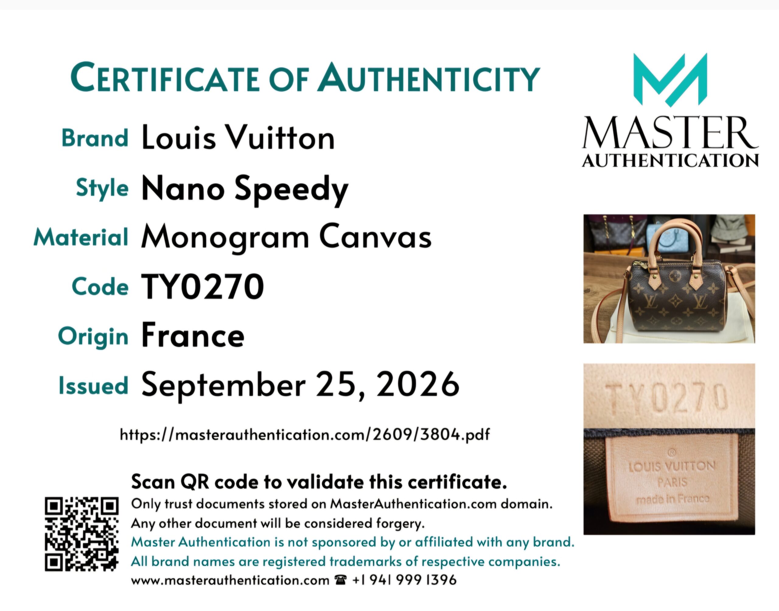 Master Authentication certificate of authenticity for the Nano Speedy