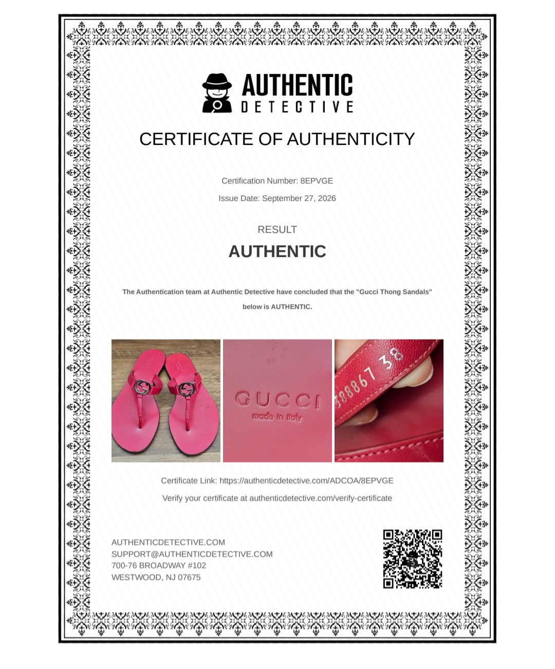 Authentic Detective certificate of authenticity for the thong sandals