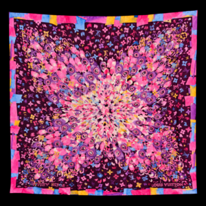 Full view of the Paint Print Monogram square scarf in purple, pink and blue