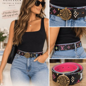 Styling graphic of a model wearing a Multicolor Trunks and Bags belt, made by The Luxe Addiction