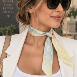 Illustrative model shot showing a Louis Vuitton Nano bandeau worn. This is a styling reference, not a photo of the item for sale