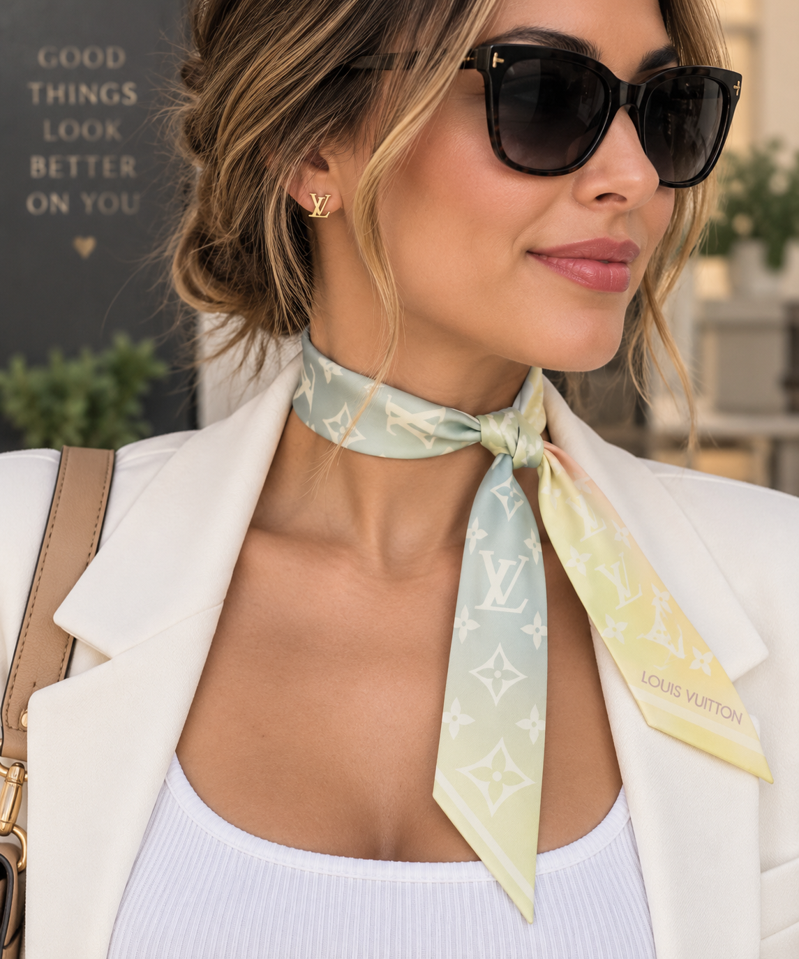 Illustrative model shot showing a Louis Vuitton Nano bandeau worn. This is a styling reference, not a photo of the item for sale