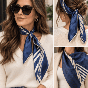 Styling graphic of a model wearing a navy striped scarf at the neck and in her hair, made by The Luxe Addiction