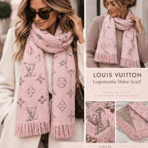 Styling images of a model wearing the pink Louis Vuitton Logomania Shine scarf