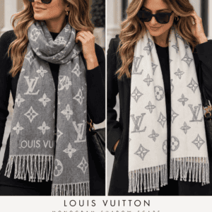 Styling images of a model wearing the gray and ivory Monogram Shadow scarf