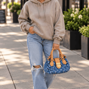 Illustrative model shot showing a Louis Vuitton denim Pleaty carried. This is a styling reference, not a photo of the item for sale