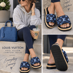 Styling graphic of a model wearing blue Pool Pillow Comfort Mules, made by The Luxe Addiction