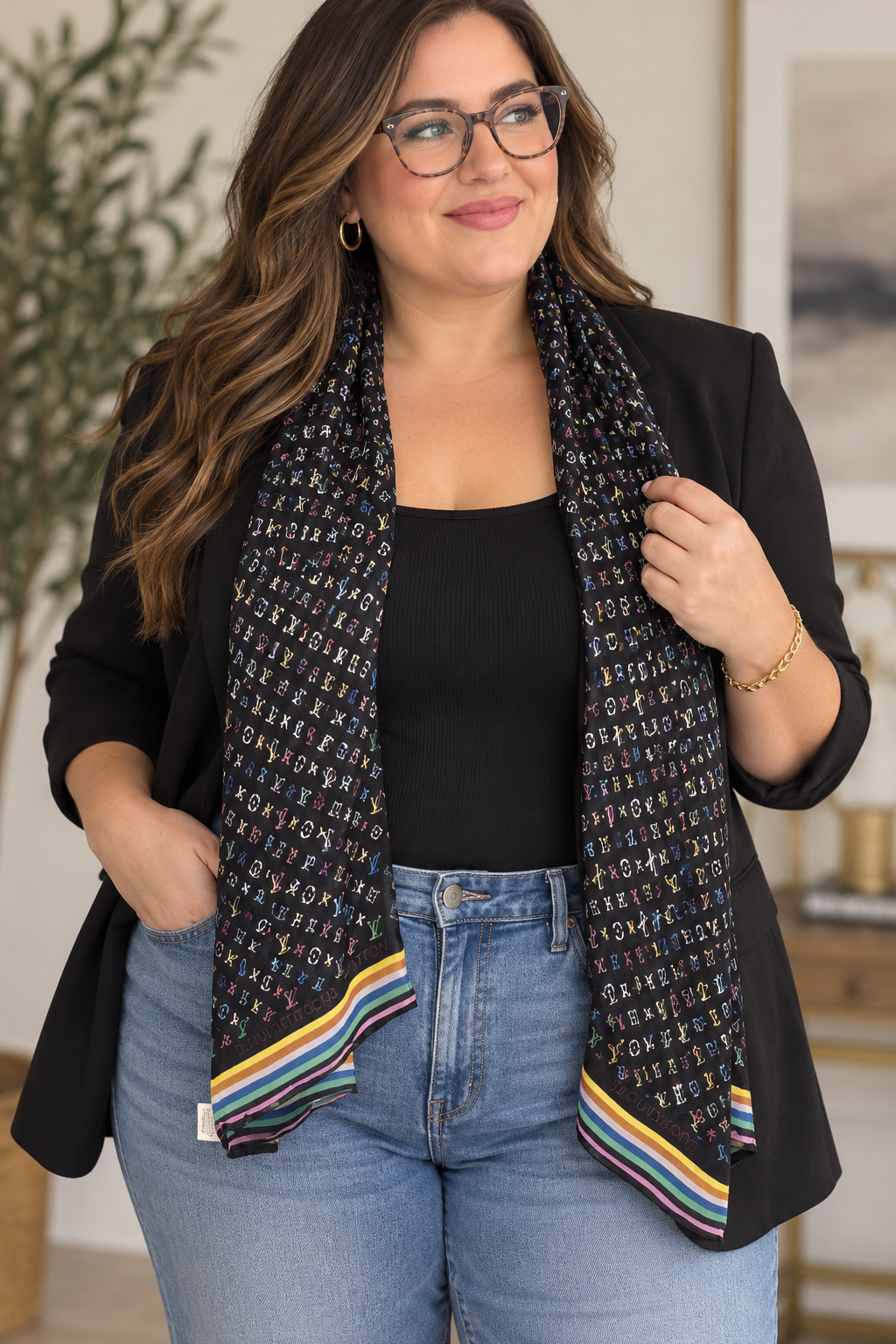 Illustrative model shot showing a Louis Vuitton Monogram Multicolor scarf worn. This is a styling reference, not a photo of the item for sale