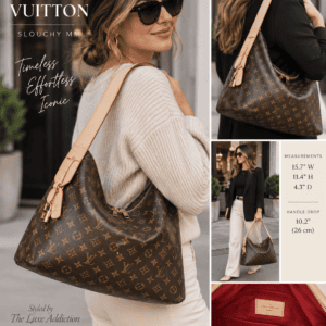 Styling graphic of a model carrying the Slouchy MM, with measurements, made by The Luxe Addiction