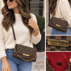 Styling graphic of a model wearing a Damier Ebene Favorite, made by The Luxe Addiction