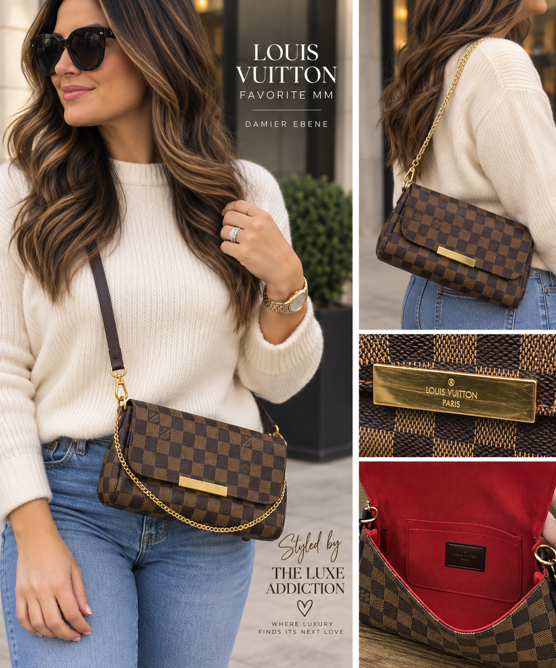 Styling graphic of a model wearing a Damier Ebene Favorite, made by The Luxe Addiction