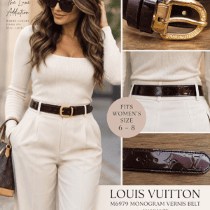 Styling graphic of a model wearing an Amarante Vernis belt, made by The Luxe Addiction